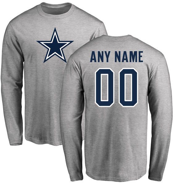 Men Dallas Cowboys NFL Pro Line by Fanatics Branded Ash Custom Name and Number Logo Long Sleeve T-Shirt->nfl t-shirts->Sports Accessory